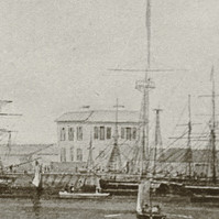 Image: A sketch of the Port Adelaide waterfront during the early nineteenth century. A group of people are engaged in different activities in the foreground, including a man mending nets while a woman looks on. Several ships are moored at a wharf