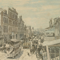 Image: a coloured lithograph of a busy city street, lined with shops and full of pedestrians and horse drawn vehicles, including a tram
