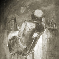 Image: Painting of the back of a man sitting on a chair at his desk. The man is balding. The painting is black and white.