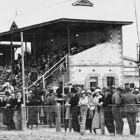 Image: Grandstand and crowds watching a horserace. The twin grandstands are full and race callers and reporters fill up the third stand