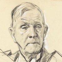 Image: Pencil sketch of the upper torso of an elderly man wearing a suit and academic robes