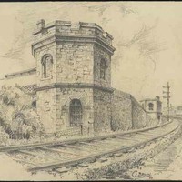 Image: a drawing of a railway track curving around a two storey, crenellated, octagonal stone tower with bars on its arched windows