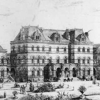 Image: A drawing of three large buildings surrounded by gardens. 
