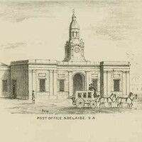 Image: A sketch of a rectangular single-storey building with a central clock tower with cupola. A horse and carriage is parked in front of the building