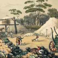 Image: A colour sketch of several men pushing wheelbarrows and sifting through sand