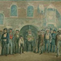 Image: a coloured sketch of a group of men in 1850s clothing gathered outside a two storey building with a large barred archway