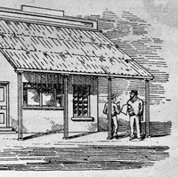 Image: A sketch of a simple rectangular wooden building with steep-roofed verandah. Two men are speaking to each other just outside the building
