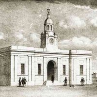 Image: A sketch of a rectangular single-storey building with a central clock tower and cupola