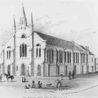 Image: a black and white sketch of a church with three spires. In front of the church are various figures including men on horseback, a woman with a basket and a small family sitting playing with their two dogs. 