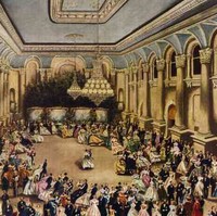 Image: A large group of people in Victorian-era attire dance in a vast open hall