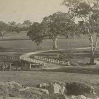 Image: A large paddock featuring a dirt road that crosses a creek via a stone bridge. A large house is just visible in the background