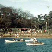Image: Men and women row boats on an artificial lake set in the middle of a park while a large crowd watches from the shore. 
