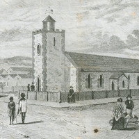 Image: black and white sketch of people gathered in pairs or small groups outside a squat stone church with a single tower which is surrounded by a wooden fence. 