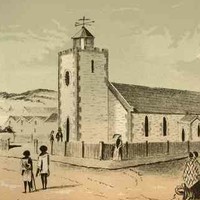 Image: a sketch of a small stone church with a square tower with belfry located centrally on the front façade of the building. The church is on the corner of two roads and is situated behind a low wooden fence.
