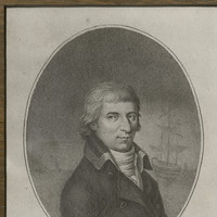 Drawing of man's head and shoulders with tall ship in the background. 