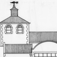 Image: simple line sketch of a building with arches and a weather vane