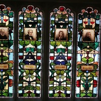 Image: Scientific window, featuring portraits of eminent scientists, Kelvin, Faraday, Wren, Dalton, Brookman Building, 2013