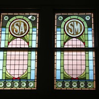 Stained glass window, with SM for School of Mines, Brookman building, 2013