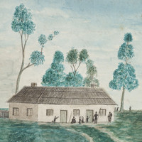 Image: a coloured painting of a small cream coloured building with two doors and a thatched roof. Outside the building a number of Aboriginal men, women and children are gathered. 