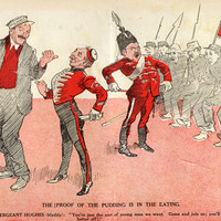 Image: A cartoon drawing depicting a group of soldiers, and a sergeant who is trying to conscript a man 