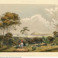 Image: illustration of landscape with two figures moving away from viewer, European man on horseback, Aboriginal man walking. 