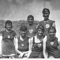 Image: A group of six girls dressed in swimming costume at Henley Beach, South Australia in 1923 