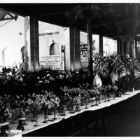 Image: long table covered with vases of flowers