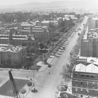 Image: Image: Black and white photograph of a tree lined boulevard, as viewed from the roof of a building. The buildings lining one side of the road are grand stone constructions and are surrounded by formal gardens.