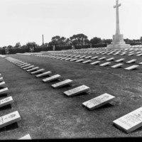 Image: Multiple lines of Australian soldiers gravestones fill a large section of the West Terrace Cemetery