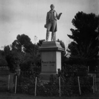Image: black and white photo of statue in garden