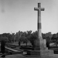 Image: large stone cross in garden