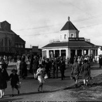 Image: People are walking through the Royal Adelaide Showgrounds.  There are two buildings in the background.  One of the buildings is named: Amscol Ice Cream.