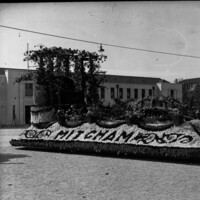 Image: floral float in front of building