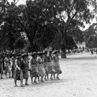 Image: Two lines of girl guides marching in a national park with tall trees in the background