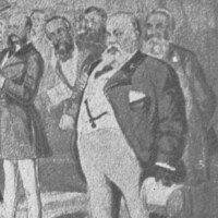 Image: A cartoon depicting a large group of men dressed in Victorian-era attire. The men are gathered in a large, open hall with tall windows
