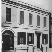 Image: Black and white photograph of a building