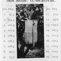 Black and white postcard with an image of a water bag hanging in the shade of a tree. Accompanying text lists the shade temperature (in Farenheit) for every day in Jaunaury 1908. At the bottom of the page are the words "Lest We Forget"