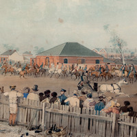 Image: watercolour painting of a group of men on horseback riding through a crowded city street