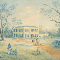 Image: a watercolour painting of a two storey cream coloured building with a single storey wing to the right, shuttered windows, balconets and a low pitched roof.  Men and women in 1840s dress approach the house either on foot or in horse drawn carriages.