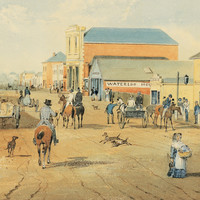 Image: a watercolour painting of a busy city street with a number of people in 1840s attire, including some Indigenous men, either walking or riding down the road. The buildings are single or double storey and are in a range of architectural styles.