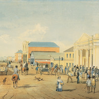 Image: watercolour painting of 19th century city street filled with people, horses and dogs