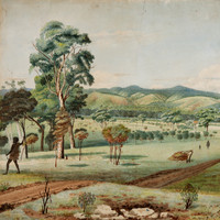 Image: A painting of a natural environment with rolling hills in the background; Indigenous men, women and children, some with spears; and a man and bullock cart travelling down a dirt road.
