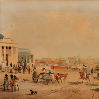 Image: Dirt street with people walking and riding horses