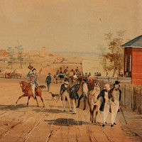 Image: a watercolour painting of wide dirt road upon which a range of people travel by foot, on horseback or on a bullock cart. To the left is a stone building with columned portico, easily the largest and grandest on the street.