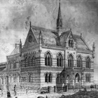 Image: A black and white sketch of a large stone building of four distinct sections decreasing in hight as they go down the hill. The frontmost, most ornate section, features church style windows and a spire.