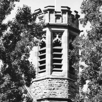 Image: A stone tower with a crenellated top can be seen between the branches of two trees. The tower is hexagonal in shape and features the Adelaide University coat of arms of the southern cross over an open book.