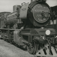 Image: Front view of a long train which has South Australian Jubilee train displayed on the front panel