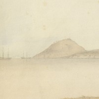 Image: Watercolour painting of bay with two men standing in foreground