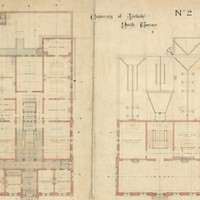 Image: a floorplan of a large, two storey public building featuring laboratories, a museum and a library. 