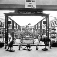 Image: Interior view of an exhibition hall in the South Australian Museum containing the Australian section showing glass cases and open displays of flora and fauna